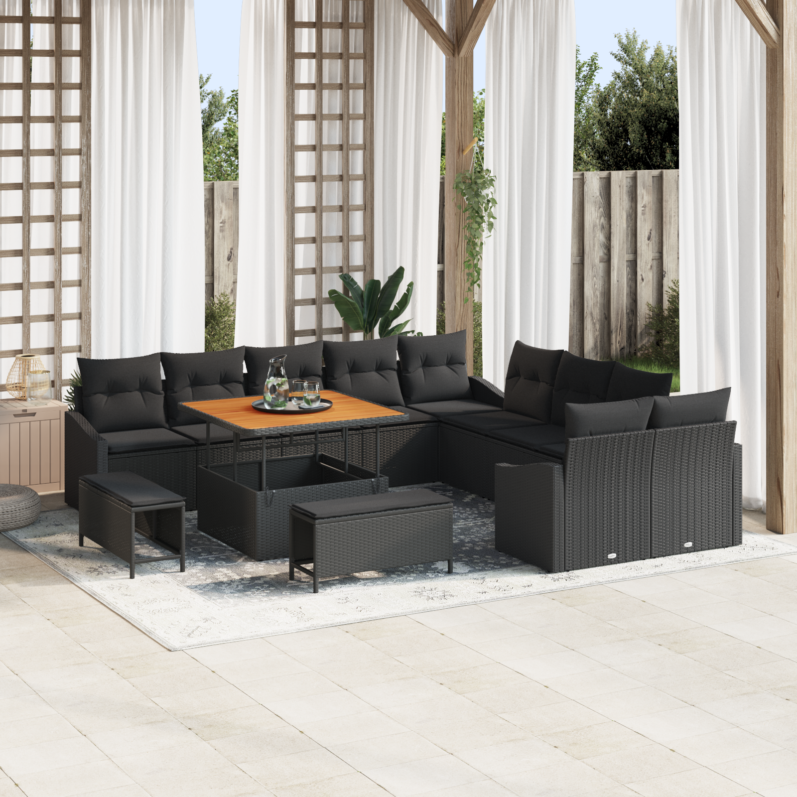 Havesofa Sæt med pude med opbevaring 13 pcs Sort Poly rattan