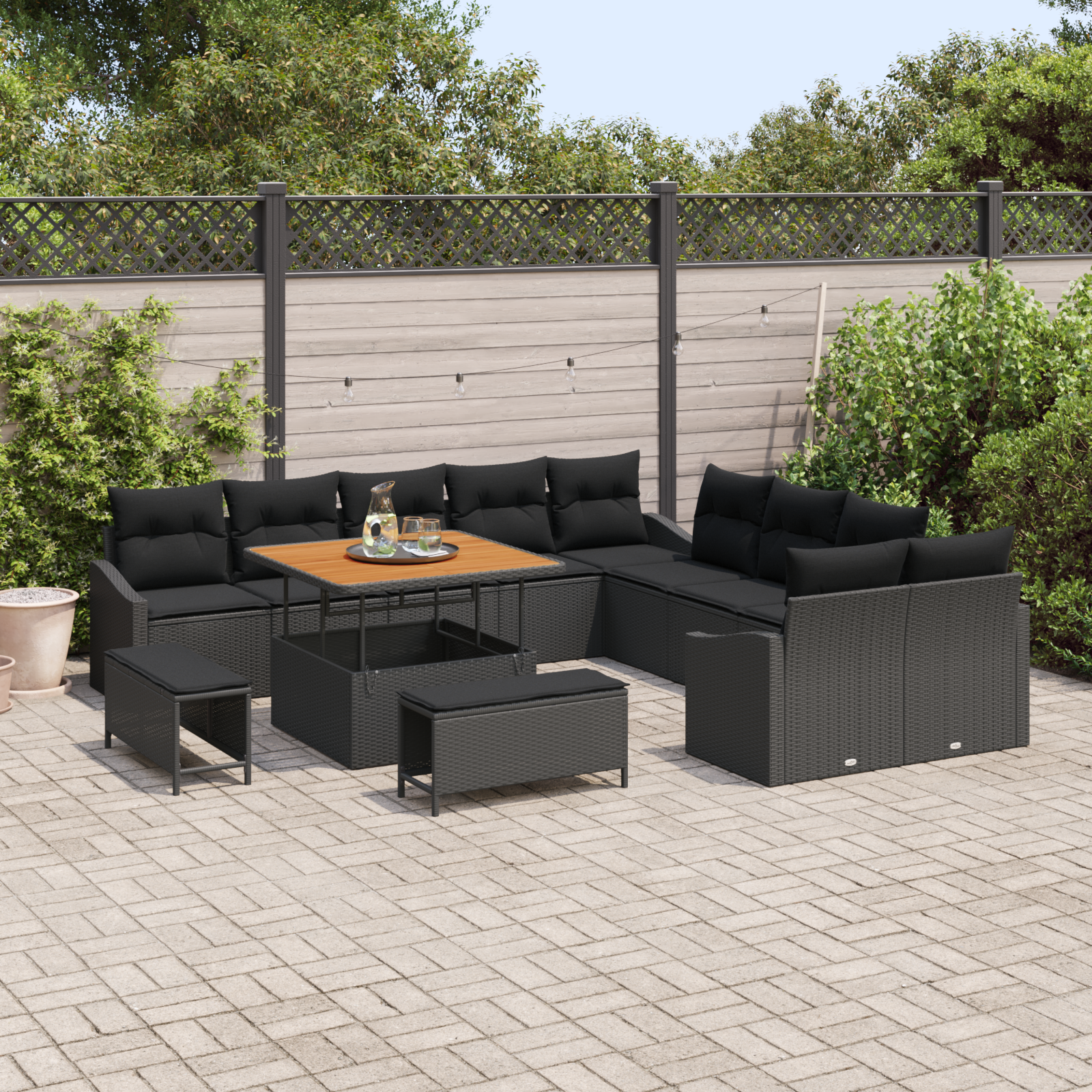Havesofa Sæt med pude med opbevaring 13 pcs Sort Poly rattan