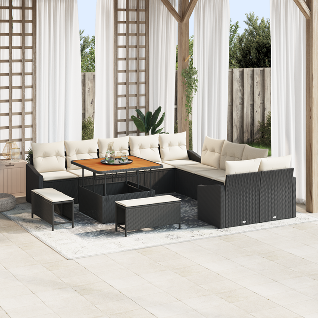 Havesofa Sæt med pude med opbevaring 13 pcs Sort Poly rattan