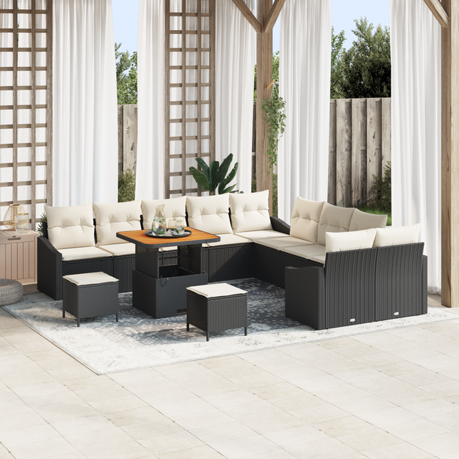 Havesofa Sæt med pude med opbevaring 13 pcs Sort Poly rattan
