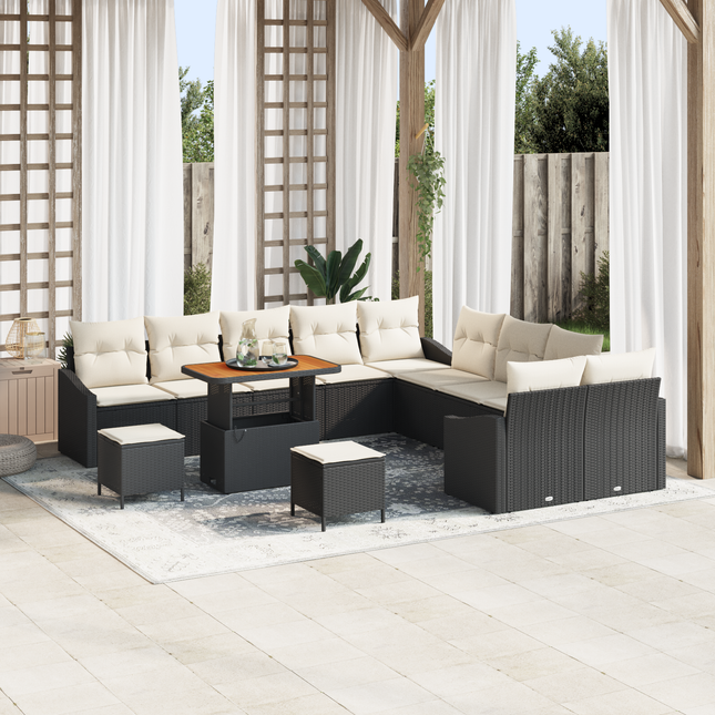 Havesofa Sæt med pude med opbevaring 13 pcs Sort Poly rattan