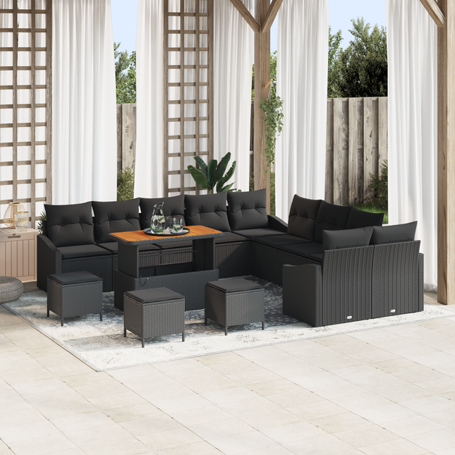 Havesofa Sæt med pude med opbevaring 13 pcs Sort Poly rattan