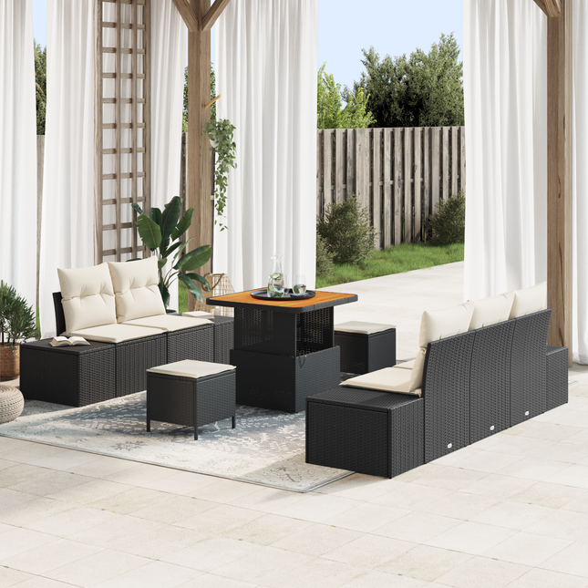 Havesofa Sæt med pude med opbevaring 8 pcs Sort Poly rattan