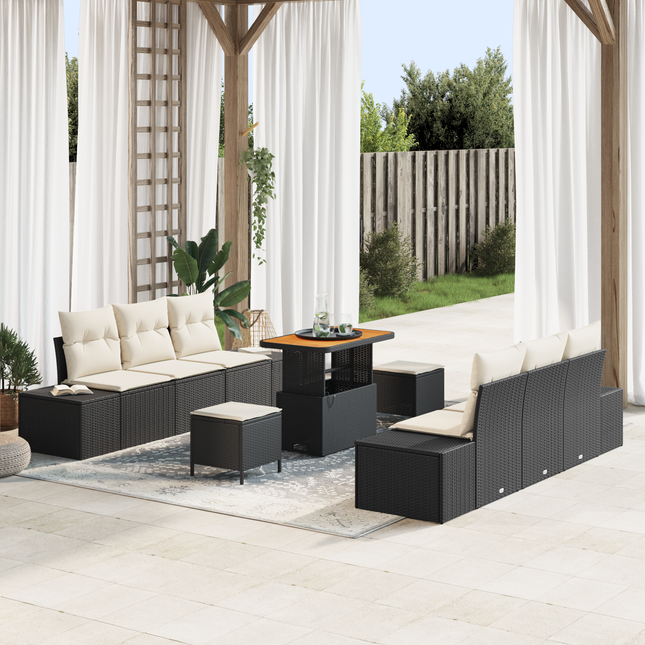 Havesofa Sæt med pude med opbevaring 9 pcs Sort Poly rattan
