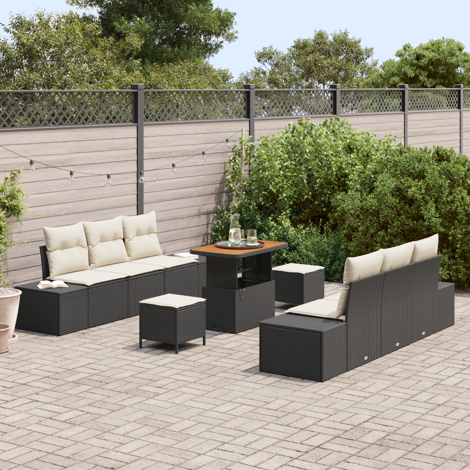 Havesofa Sæt med pude med opbevaring 9 pcs Sort Poly rattan