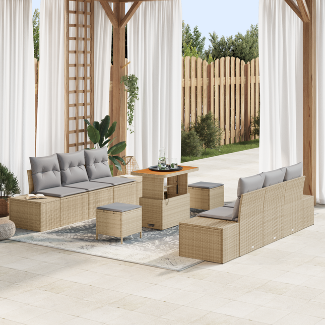 Havesofa Sæt med pude med opbevaring 9 pcs Beige Poly rattan