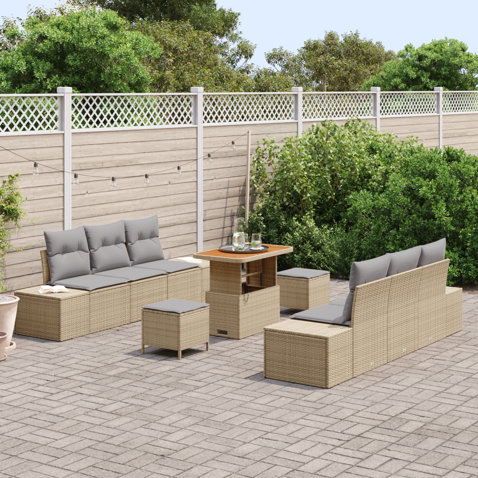 Havesofa Sæt med pude med opbevaring 9 pcs Beige Poly rattan