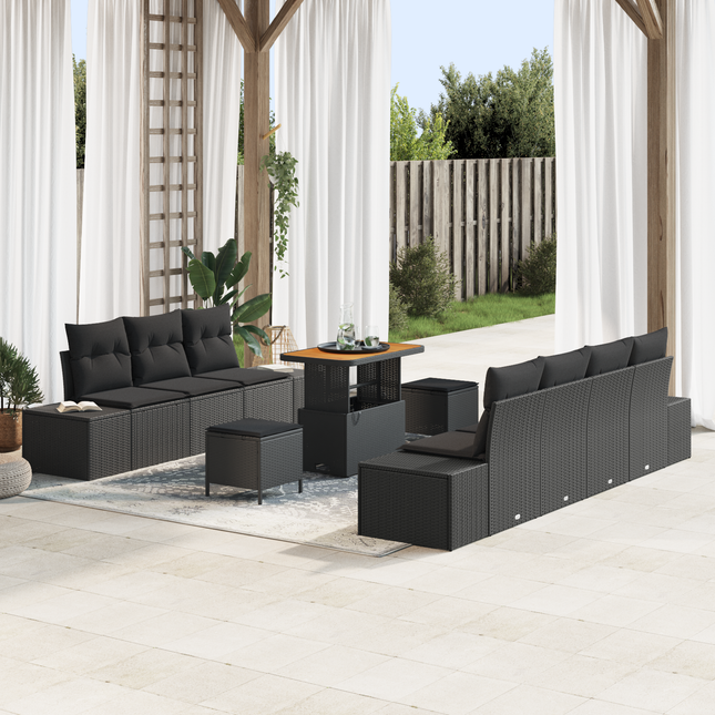 Havesofa Sæt med pude med opbevaring 10 pcs Sort Poly rattan