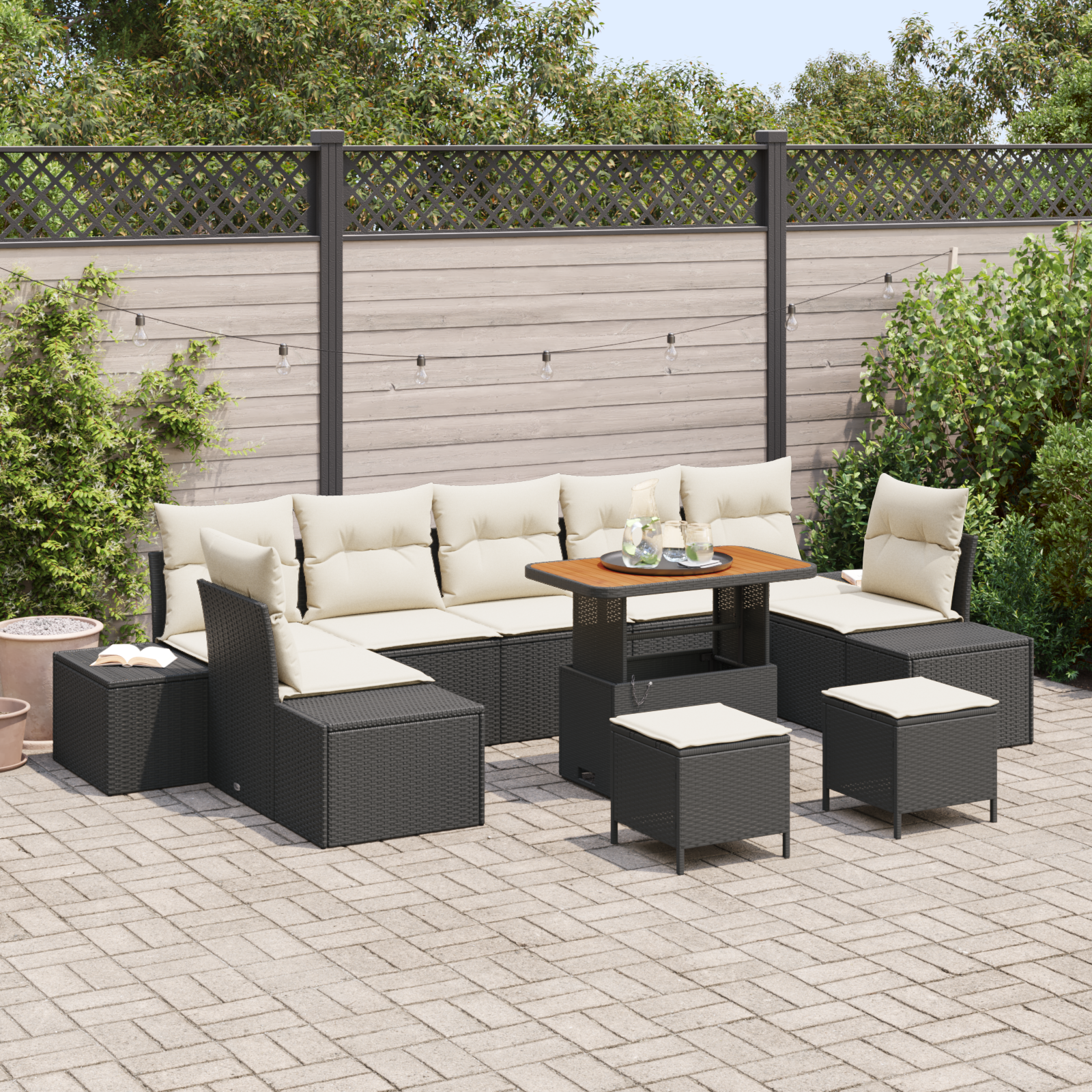 Havesofa Sæt med pude med opbevaring 10 pcs Sort Poly rattan