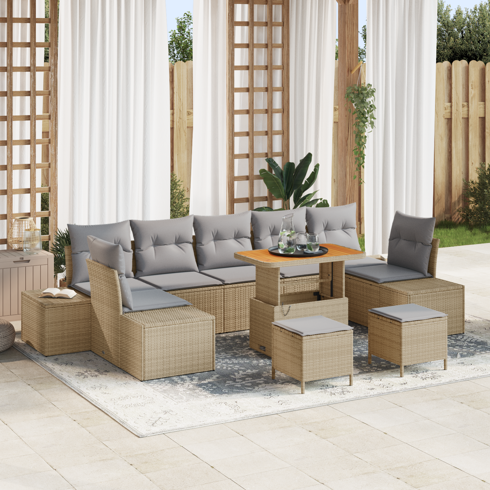 Havesofa Sæt med pude med opbevaring 10 pcs Beige Poly rattan