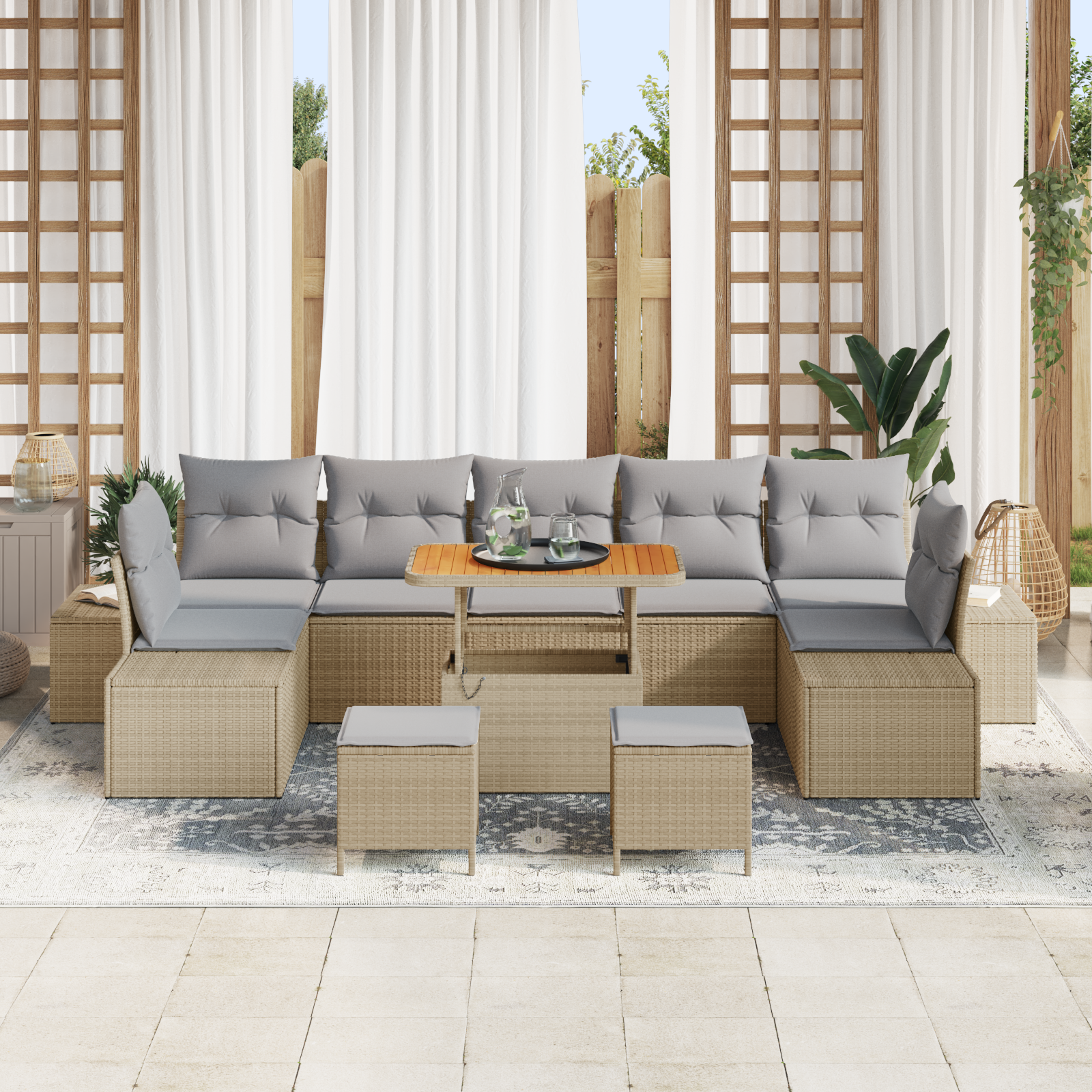 Havesofa Sæt med pude med opbevaring 10 pcs Beige Poly rattan