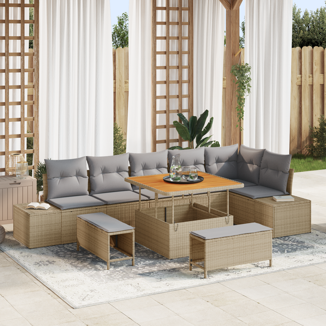 Havesofa Sæt med pude med opbevaring 9 pcs Beige Poly rattan