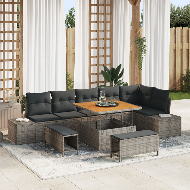 Havesofa Sæt med pude med opbevaring 9 pcs Grå Poly rattan
