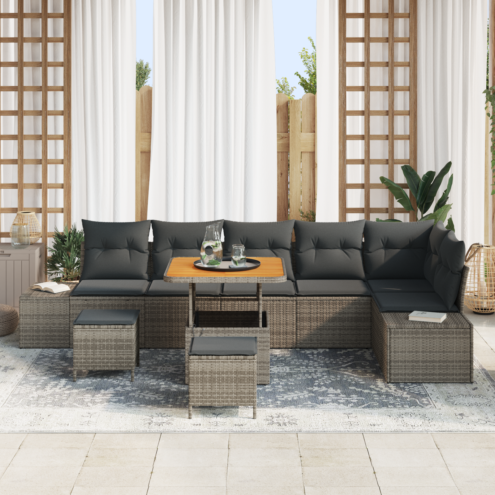 Havesofa Sæt med pude med opbevaring 9 pcs Grå Poly rattan