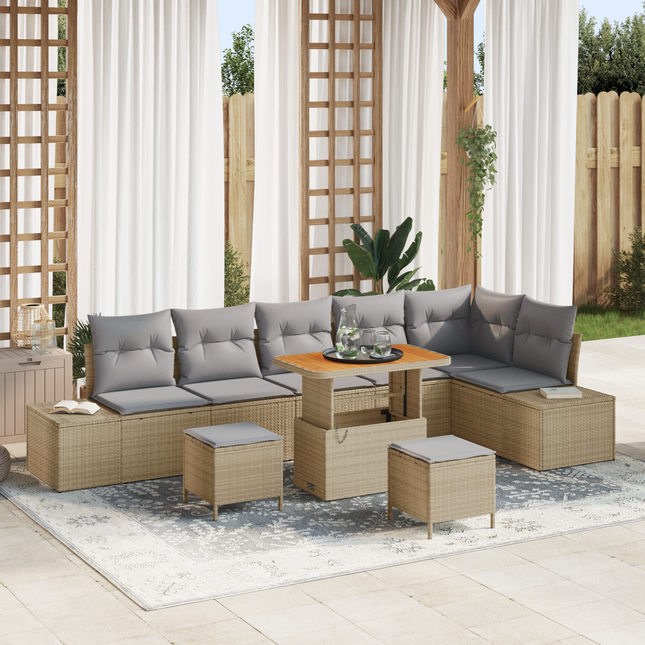 Havesofa Sæt med pude med opbevaring 9 pcs Beige Poly rattan