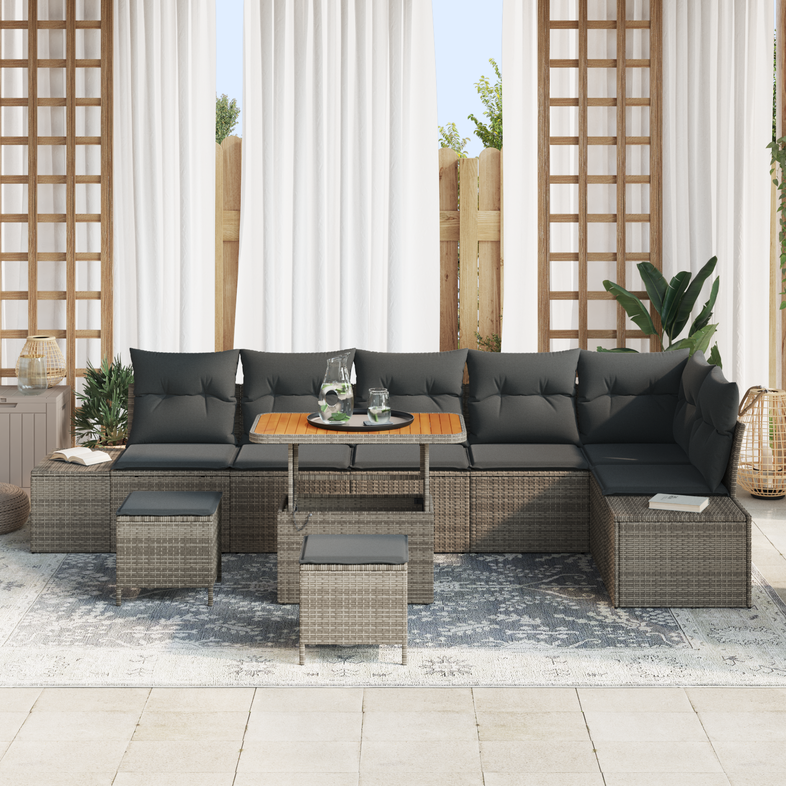 Havesofa Sæt med pude med opbevaring 9 pcs Grå Poly rattan