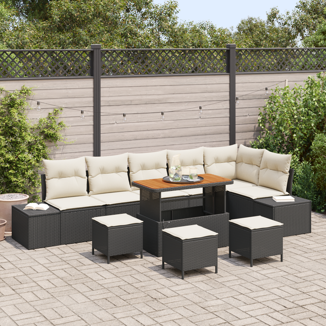 Havesofa Sæt med pude med opbevaring 10 pcs Sort Poly rattan
