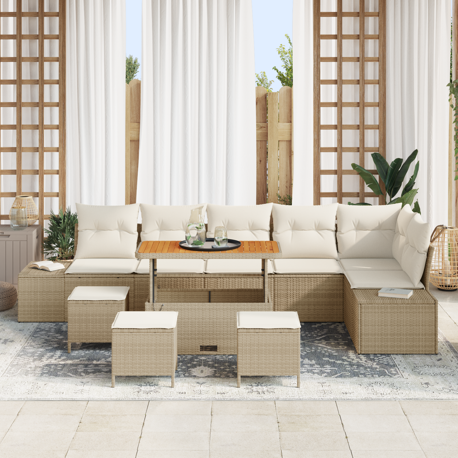 Havesofa Sæt med pude med opbevaring 10 pcs Beige Poly rattan