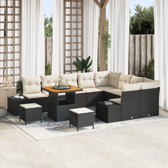 Havesofa Sæt med pude med opbevaring 12 pcs Sort Poly rattan