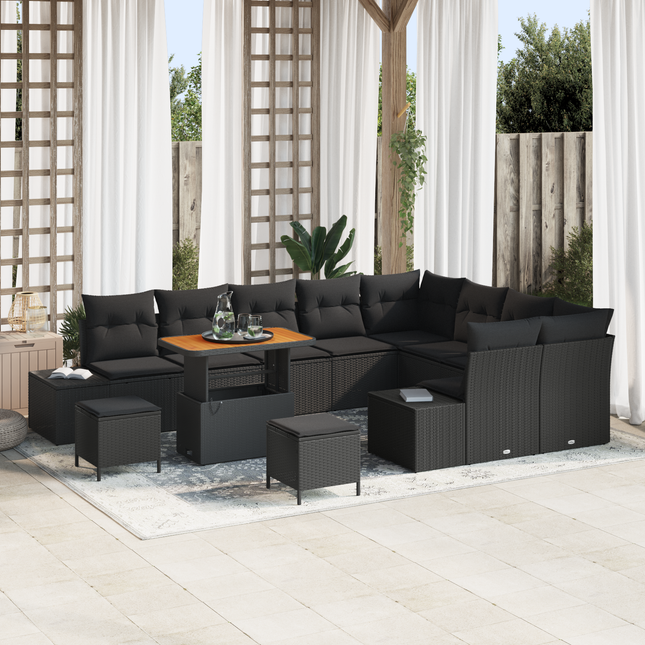 Havesofa Sæt med pude med opbevaring 12 pcs Sort Poly rattan