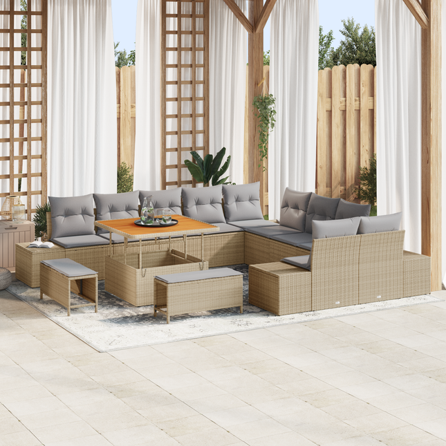 Havesofa Sæt med pude med opbevaring 13 pcs Beige Poly rattan