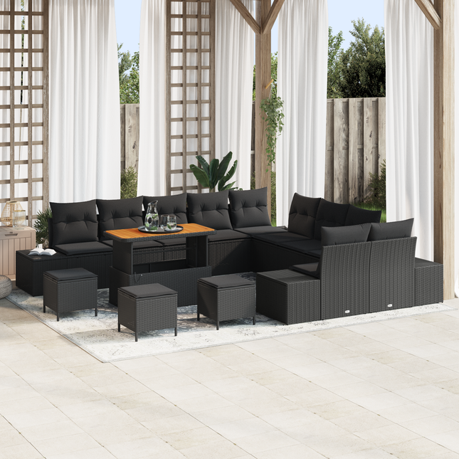 Havesofa Sæt med pude med opbevaring 14 pcs Sort Poly rattan