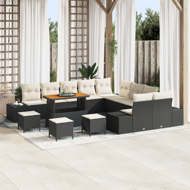 Havesofa Sæt med pude med opbevaring 14 pcs Sort Poly rattan