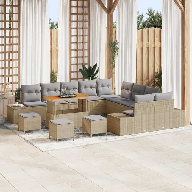 Havesofa Sæt med pude med opbevaring 14 pcs Beige Poly rattan