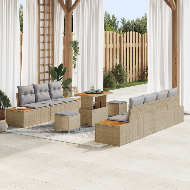 Havesofa Sæt med pude med opbevaring 10 pcs Beige Poly rattan
