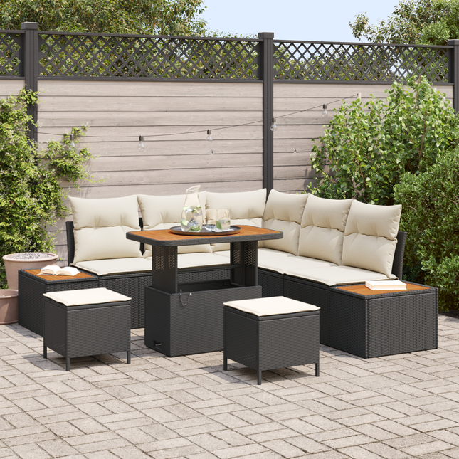 Havesofa Sæt med pude med opbevaring 8 pcs Sort Poly rattan