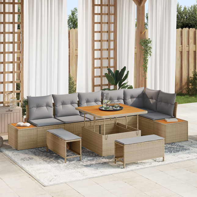 Havesofa Sæt med pude med opbevaring 9 pcs Beige Poly rattan