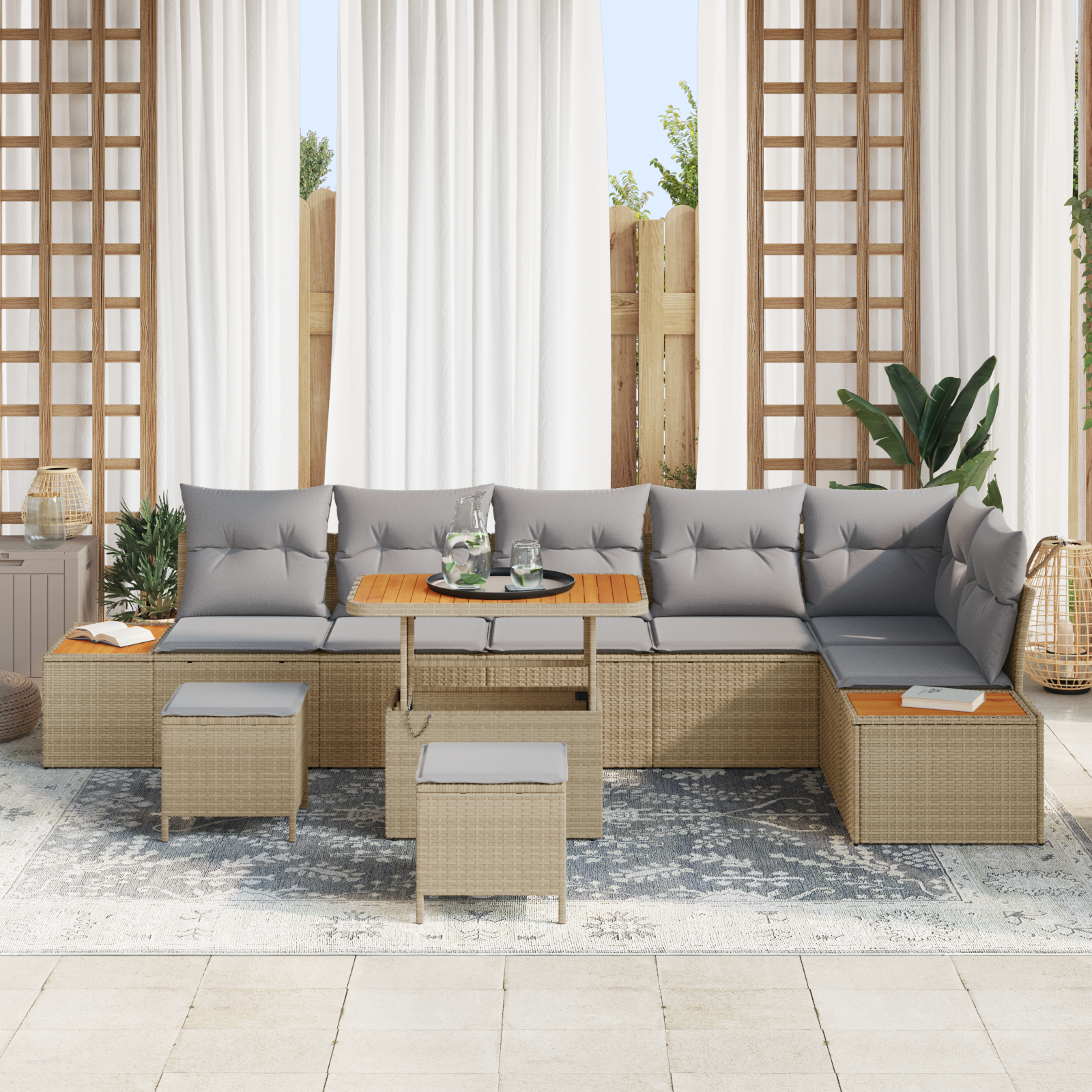 Havesofa Sæt med pude med opbevaring 9 pcs Beige Poly rattan