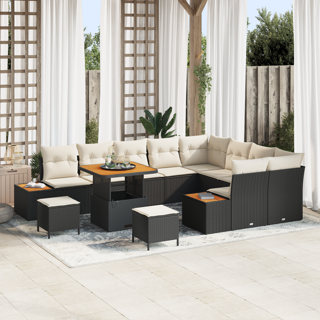 Havesofa Sæt med pude med opbevaring 12 pcs Sort Poly rattan
