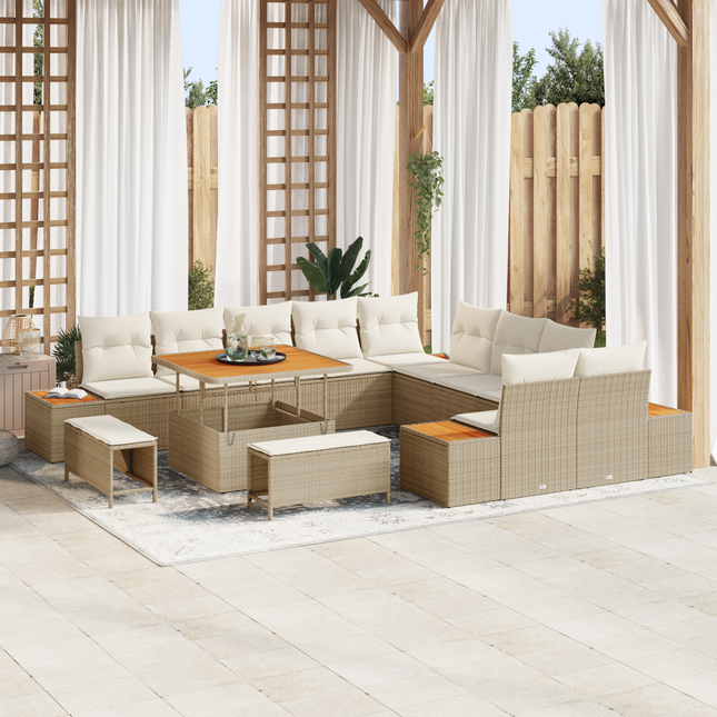 Havesofa Sæt med pude med opbevaring 13 pcs Beige Poly rattan