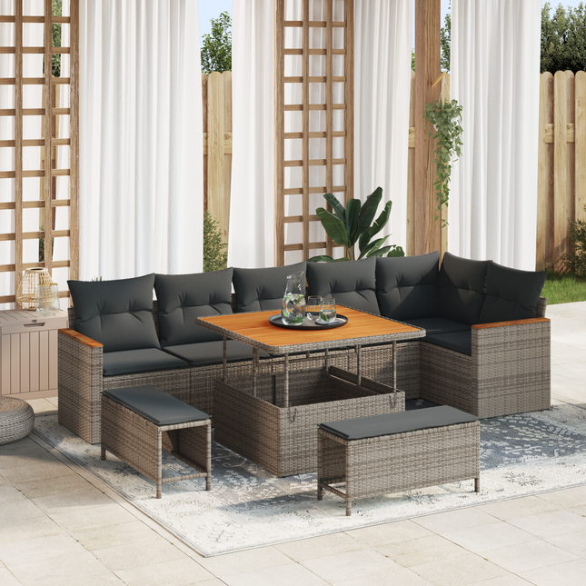 Havesofa Sæt med pude 9 pcs Grå Poly rattan