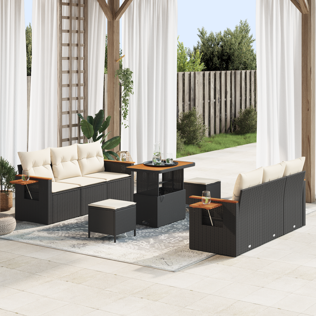 Havesofa Sæt med pude 11 pcs Sort og Cream polyrattan