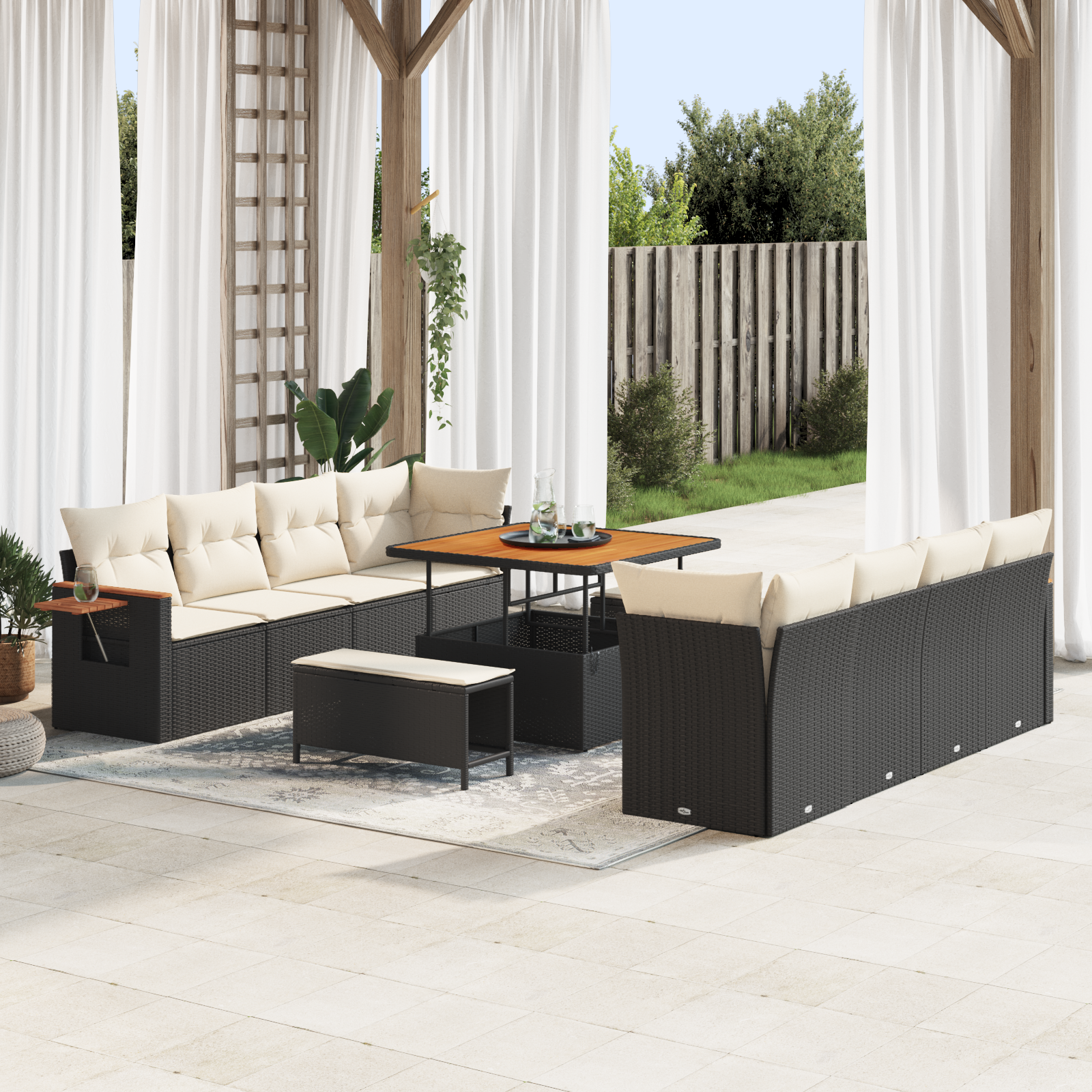 Havesofa Sæt med pude 12 pcs Sort og Cream polyrattan