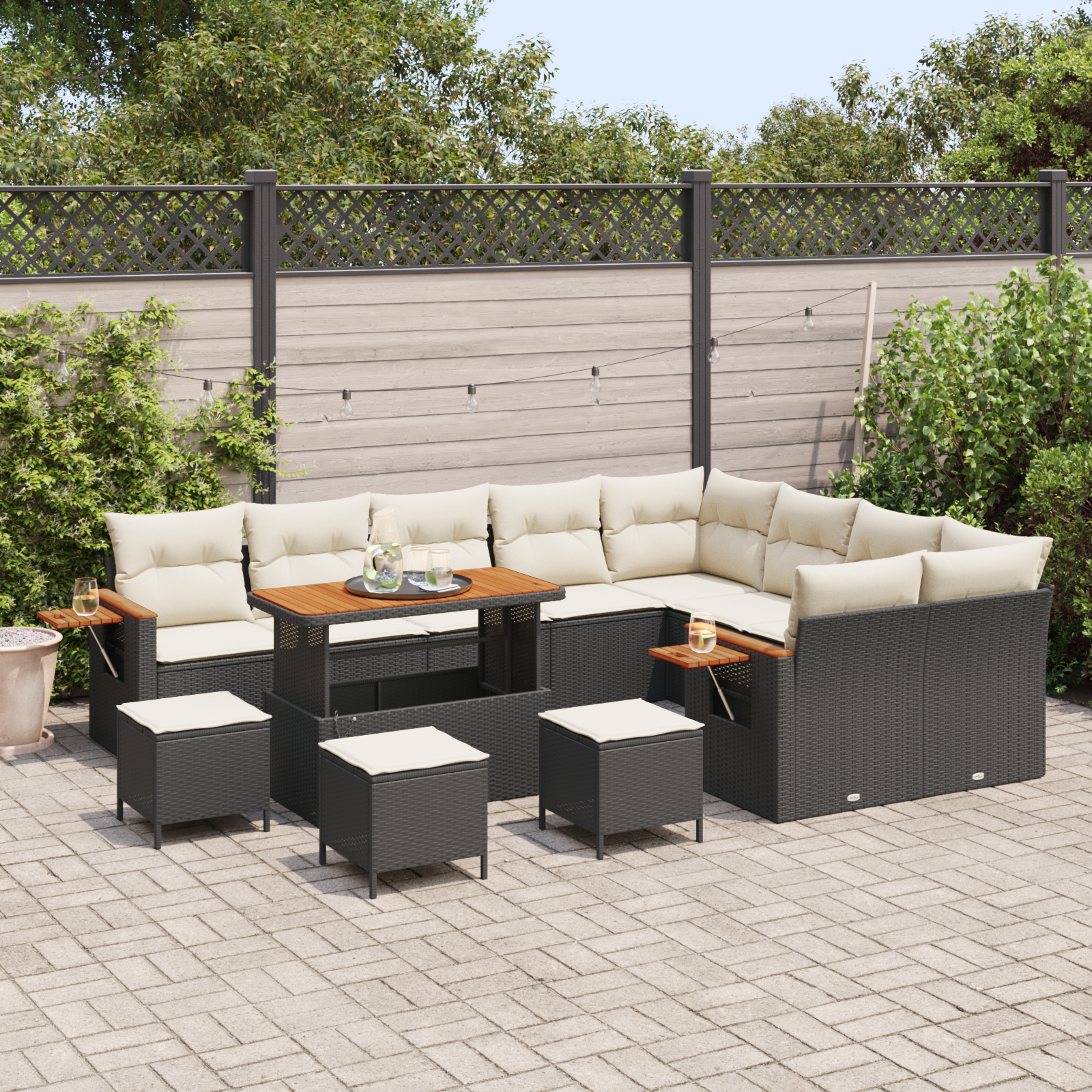 Havesofa Sæt med pude 14 pcs Sort og Cream polyrattan