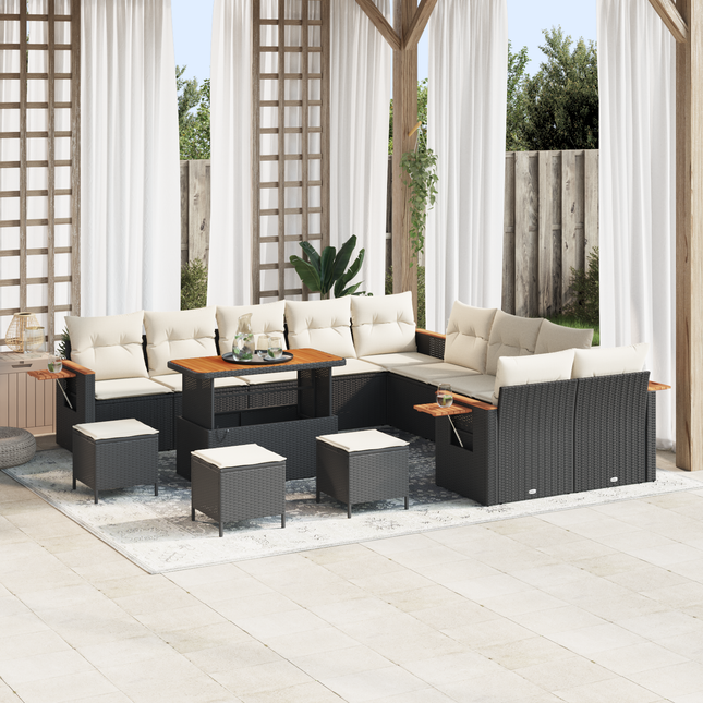 Havesofa Sæt med pude 18 pcs Sort og Cream polyrattan