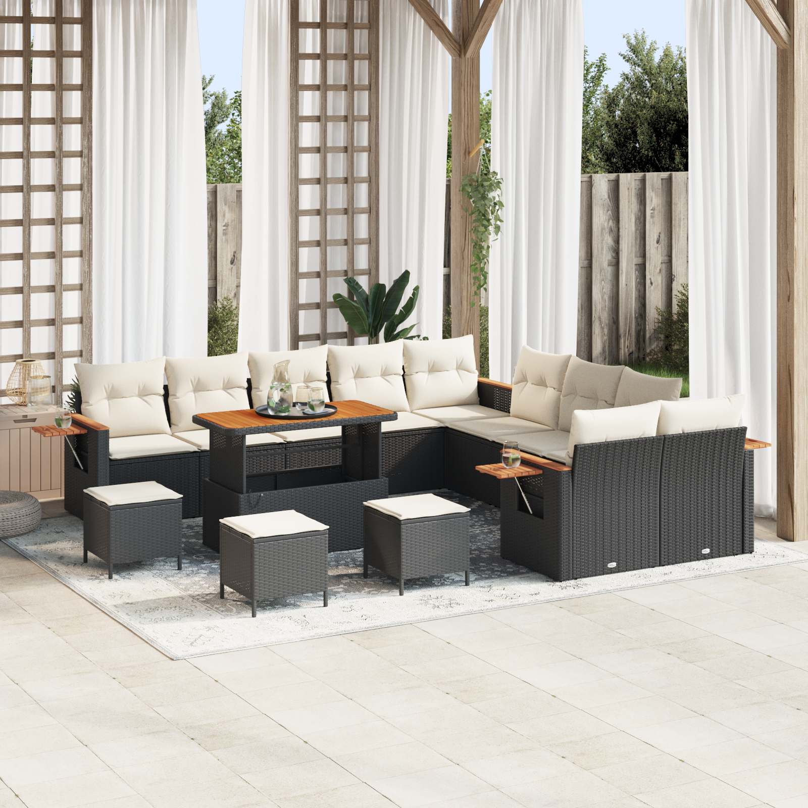 Havesofa Sæt med pude 18 pcs Sort og Cream polyrattan