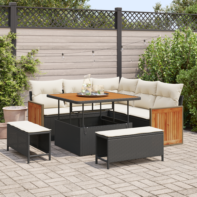 Havesofa Sæt med pude 9 pcs Sort og Cream polyrattan