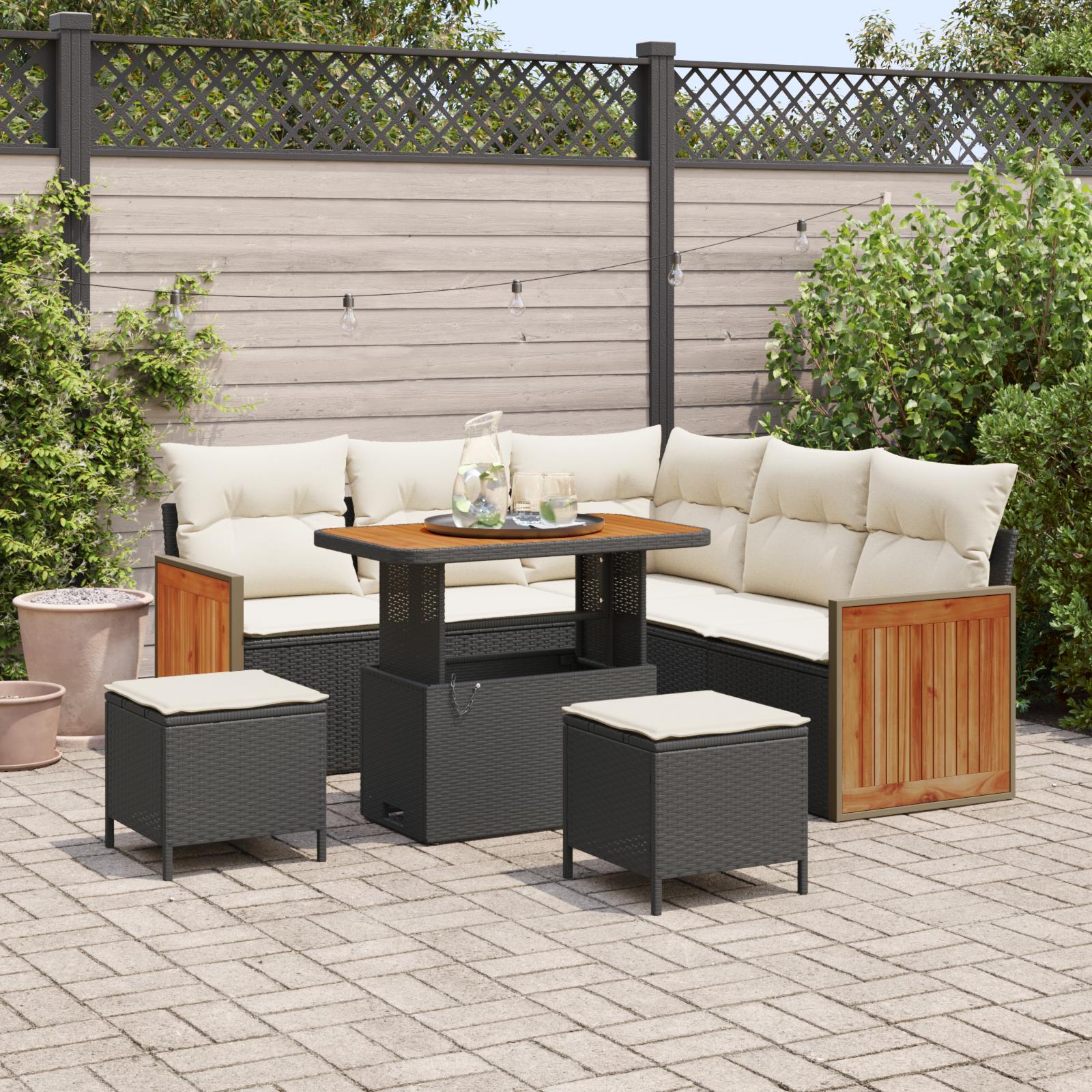 Havesofa Sæt med pude 9 pcs Sort og Cream polyrattan