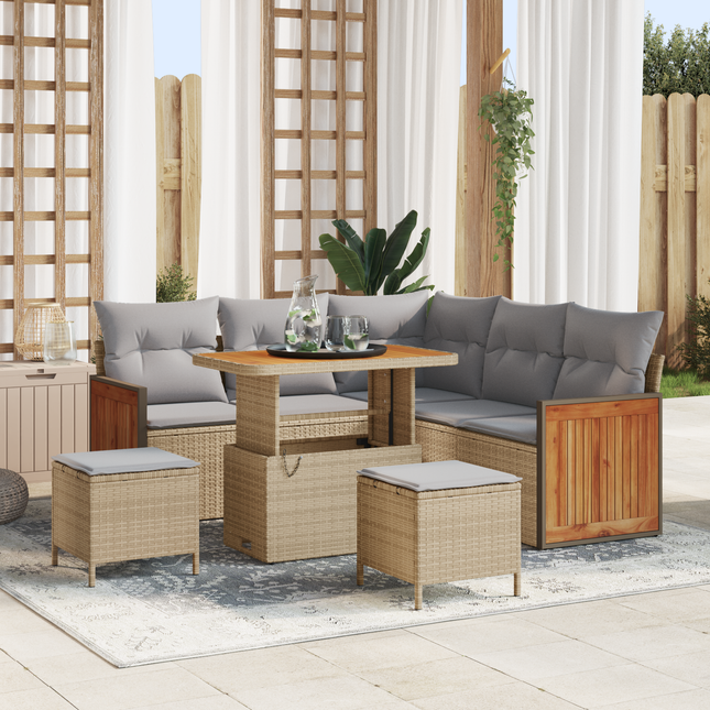 Havesofa Sæt med pude 9 pcs Beige og lys grå polyrattan