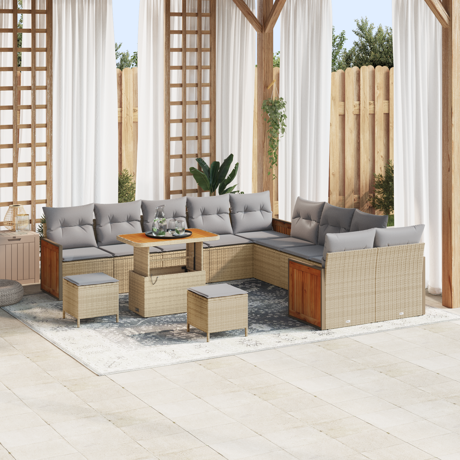 Havesofa Sæt med pude 17 pcs Beige og lys grå polyrattan
