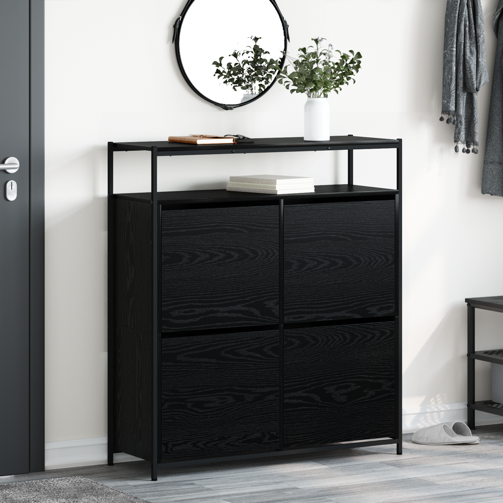 Sko skab med hylde Sort eg 100 x 34 x 112 cm Konstrueret træ