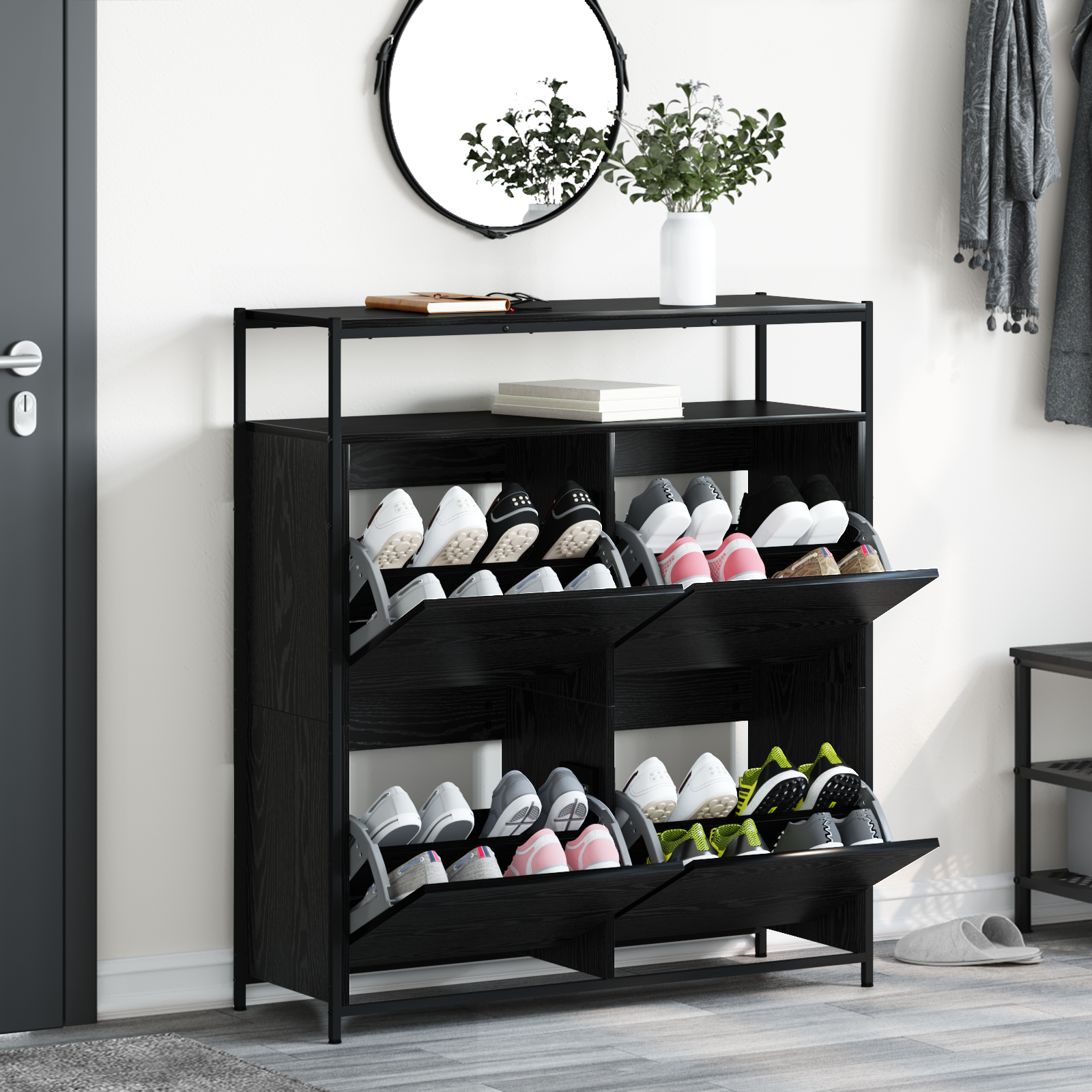 Sko skab med hylde Sort eg 100 x 34 x 112 cm Konstrueret træ