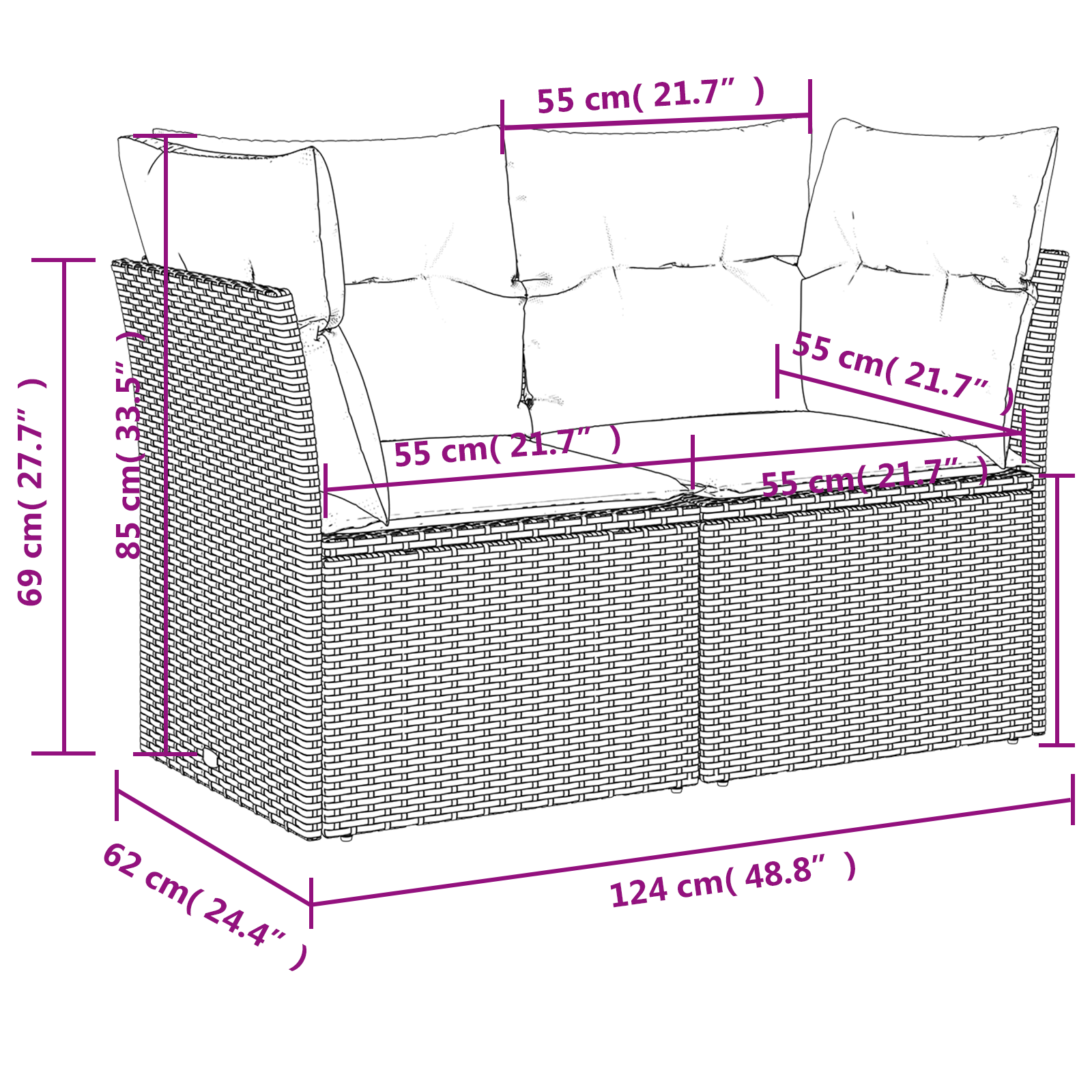 havesofa med hynder 2-personers brun polyrattan