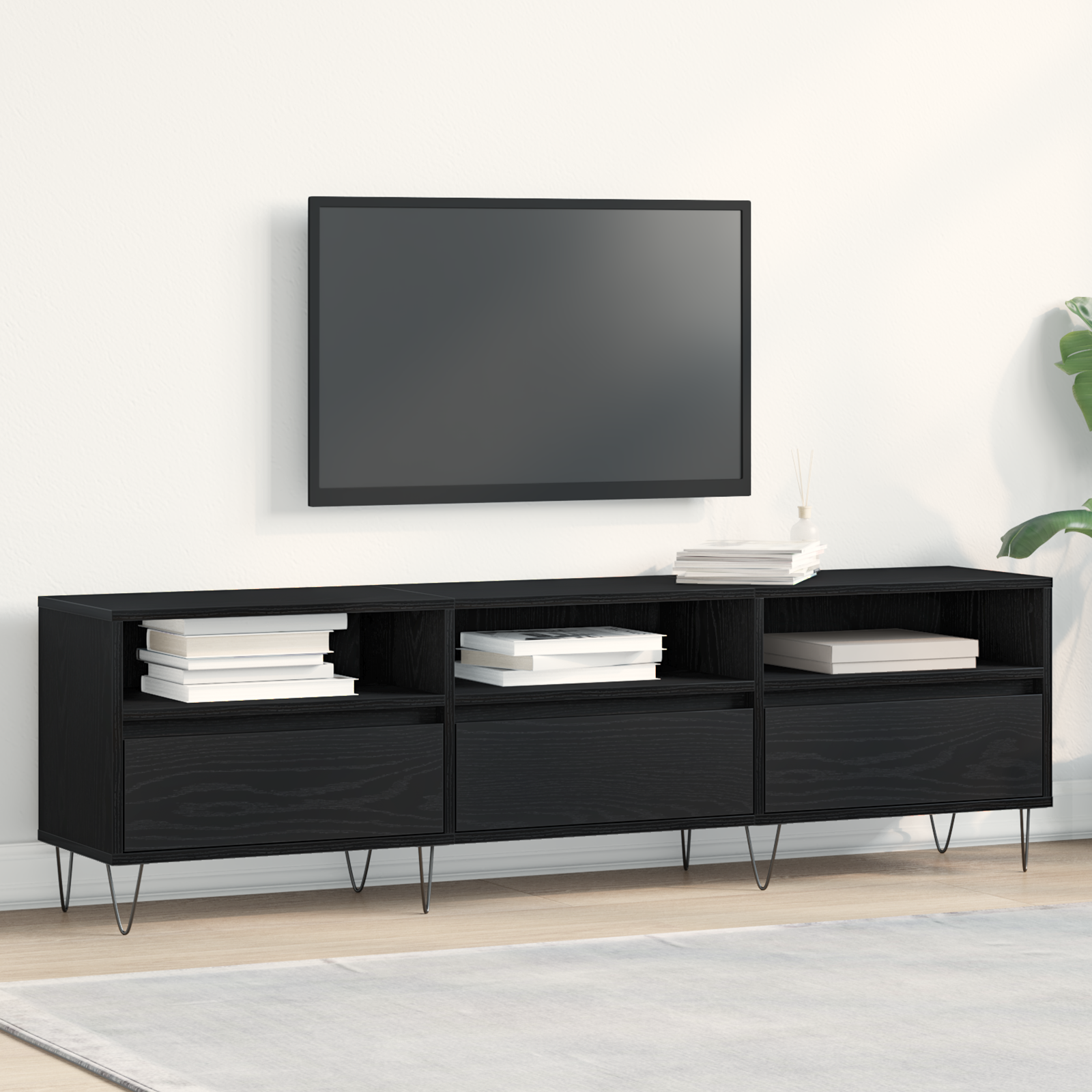 TV-skab med skuffe Sort eg 150 x 30 x 44,5 cm Konstrueret træ