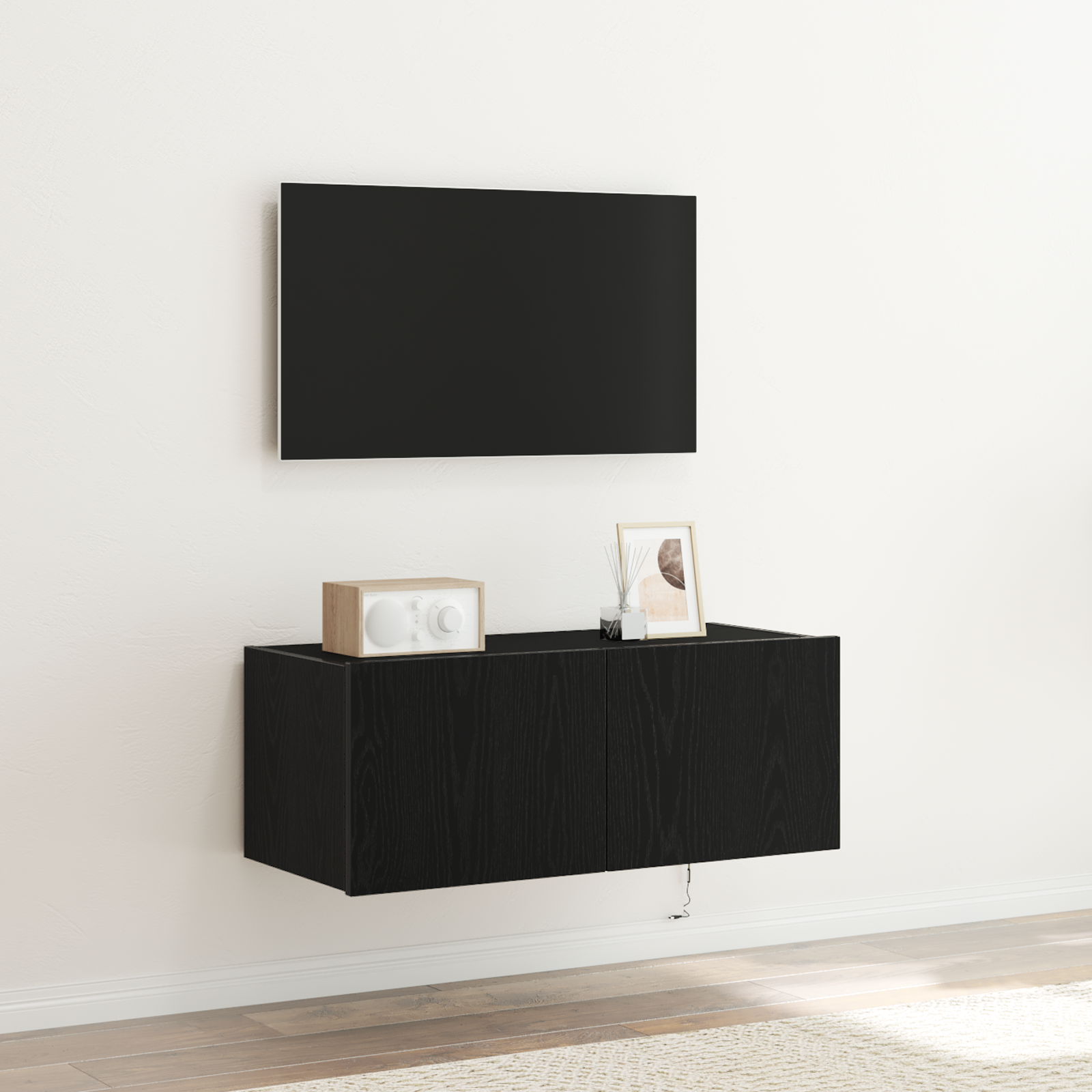 TV vægskab med LED Sort eg 80 x 35 x 31 cm Konstrueret træ