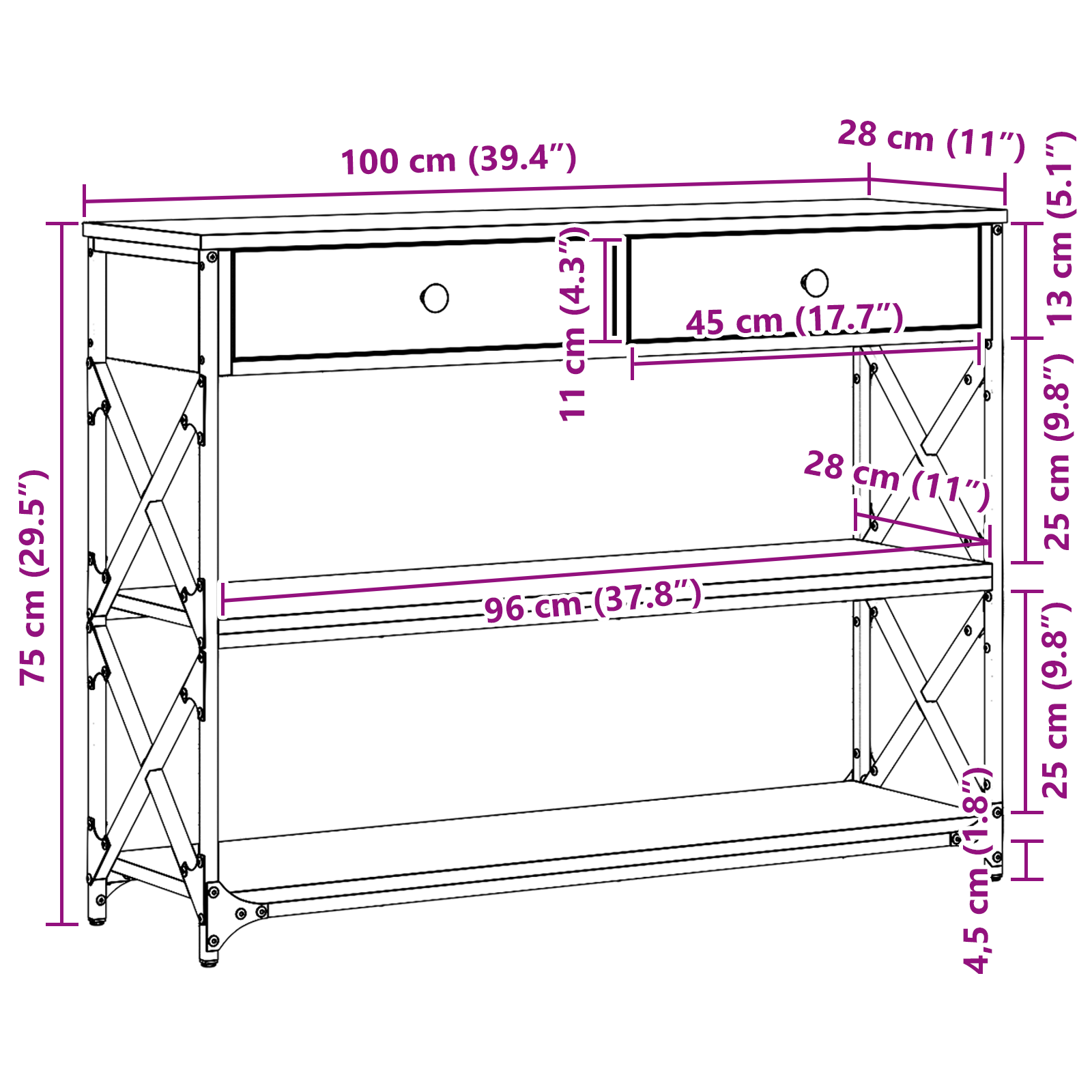 Konsol Bord artisan eg 100 x 28 x 75 cm Laminat træ og metal